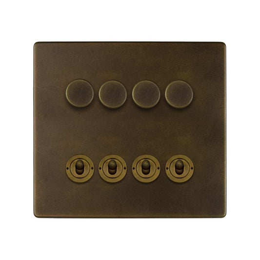 The Westminster Collection Vintage Brass 8 Gang Dimmer & Toggle Combo 4 x 150W LED Dimmer 4 x 20A Toggle