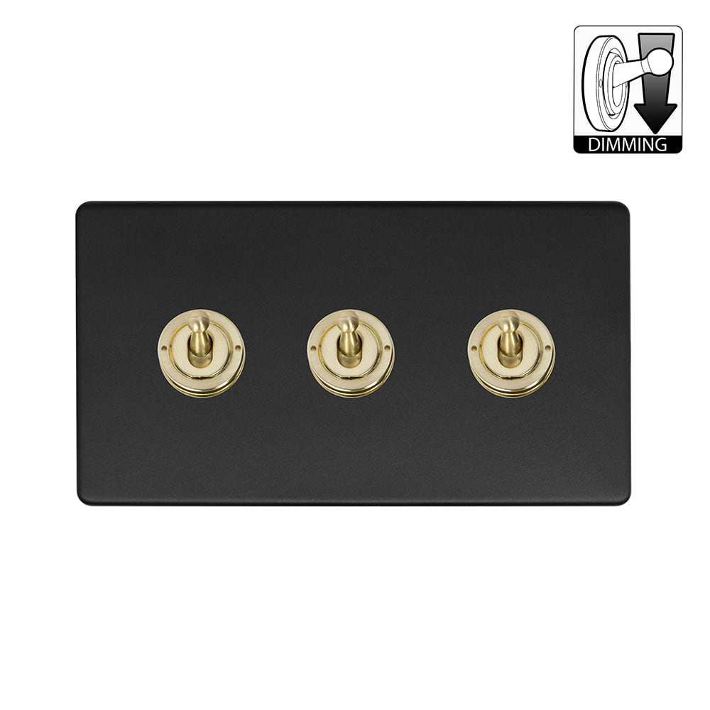 Soho Lighting Lighting Matt Black & Brushed Brass 3 Gang Dimming Toggle Switch