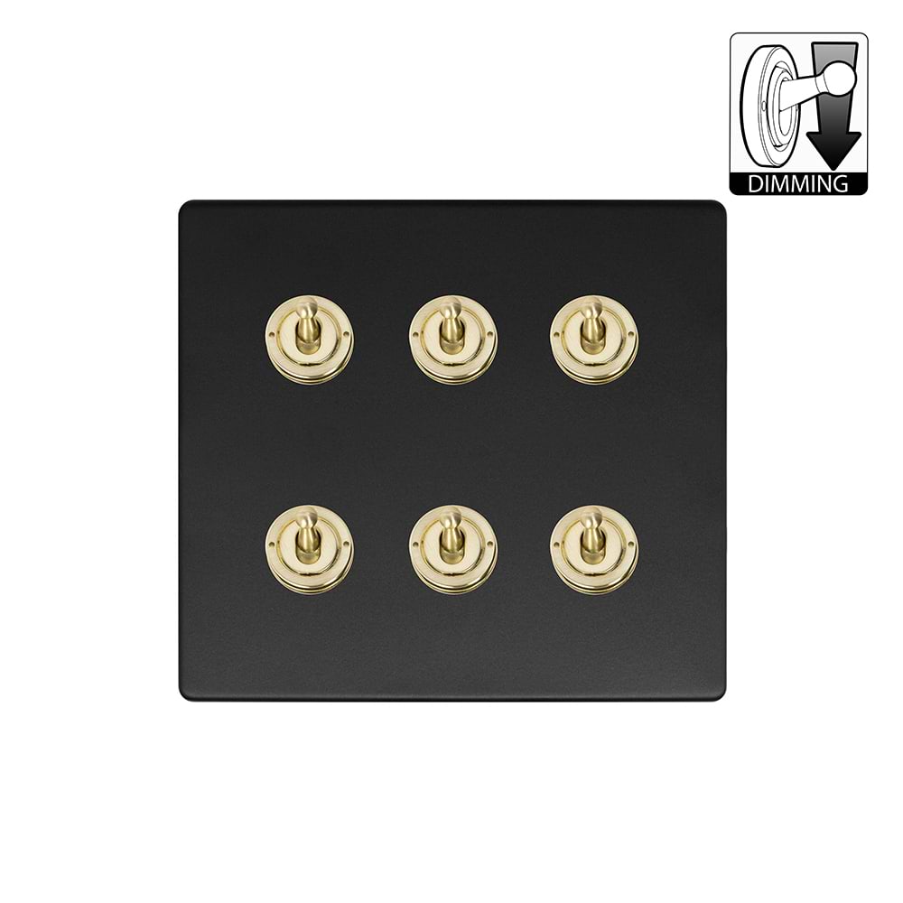 Soho Lighting Lighting Matt Black & Brushed Brass 6 Gang Dimming Toggle Switch