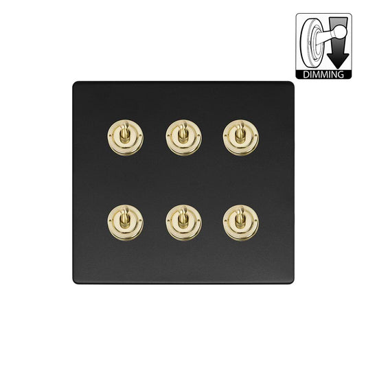 Soho Lighting Lighting Matt Black & Brushed Brass 6 Gang Dimming Toggle Switch