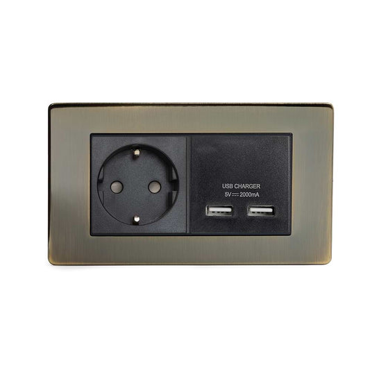 The Charterhouse Collection 2 Gang European Schuko Socket with USB Screwless Antique Brass