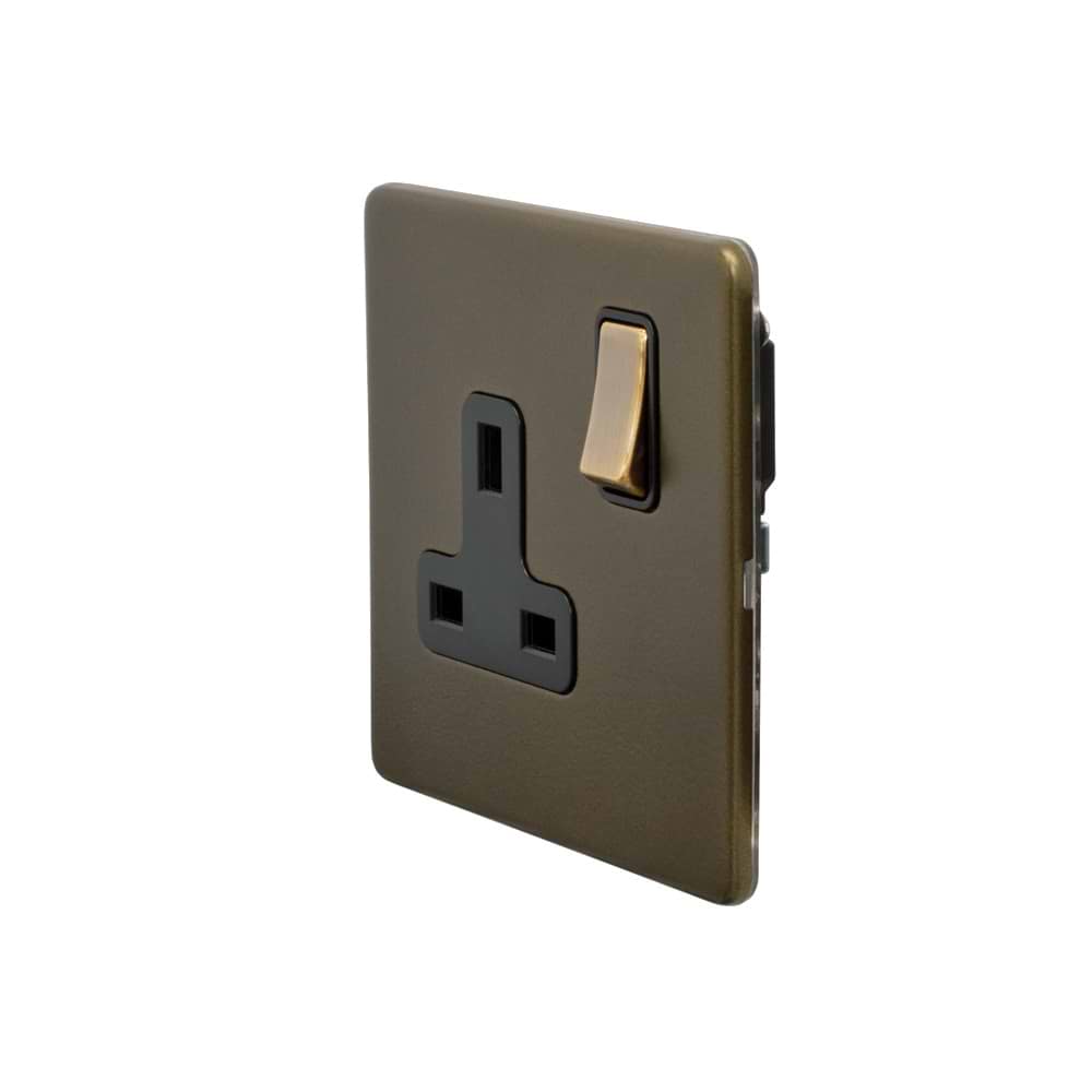 The Eton Collection Bronze 13A 1 Gang Switched Socket, DP Black Inserts Screwless