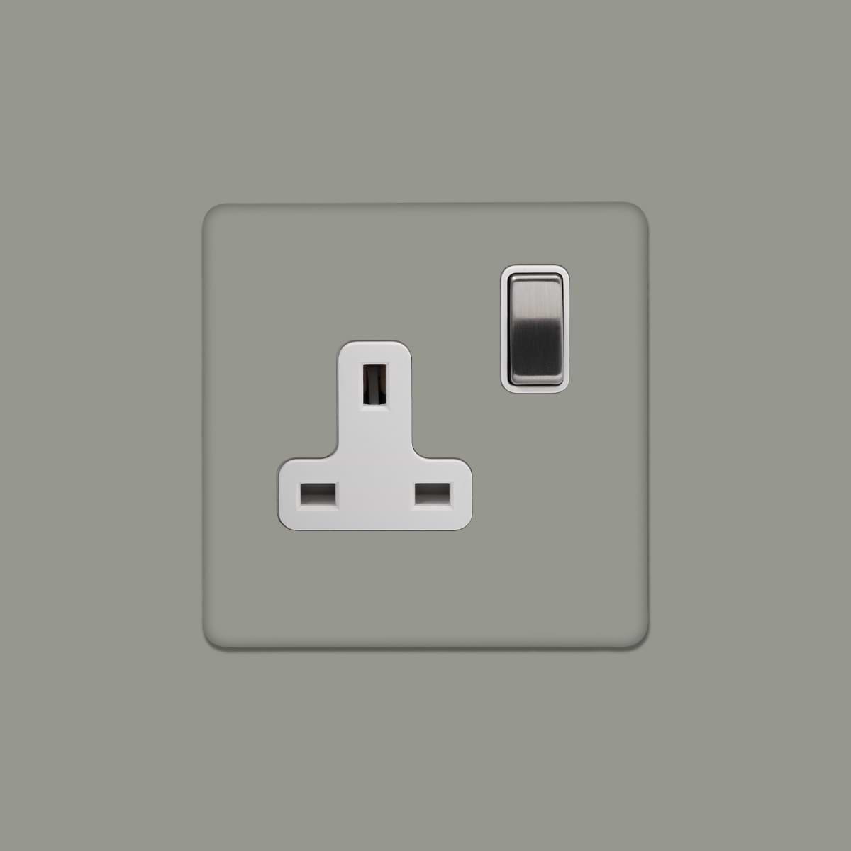 Soho Lighting Primed Paintable 1 Gang Socket 13A Double Pole with Brushed Chrome Switch and White Insert