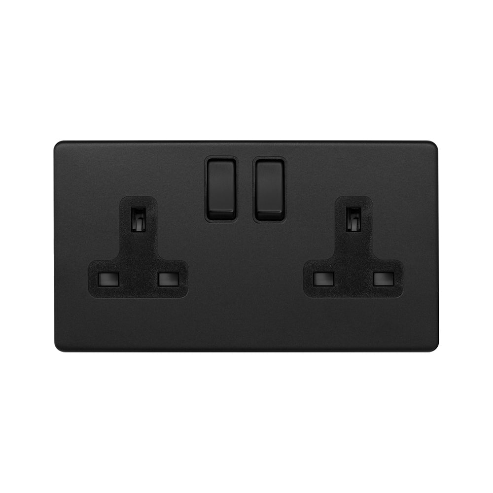The Camden Collection Matt Black 13A 2 Gang Socket Double Pole Black Inserts