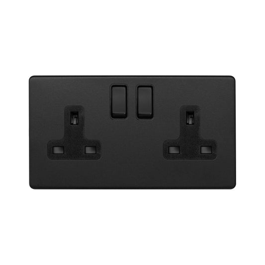The Camden Collection Matt Black 13A 2 Gang Socket Double Pole Black Inserts