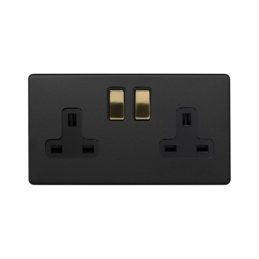 The Camden Collection Matt Black & Brushed Brass 13A 2 Gang Switched Socket, DP Black Insert Screwless