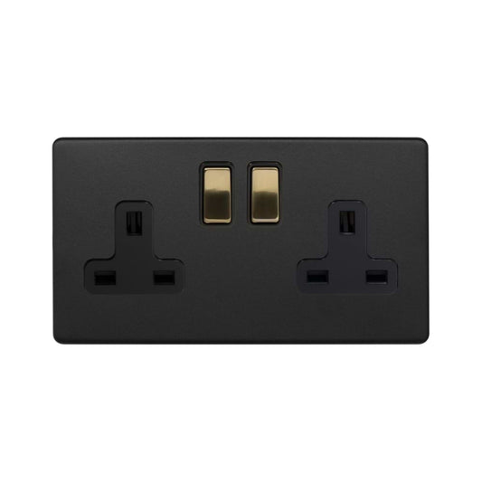The Camden Collection Matt Black & Brushed Brass 13A 2 Gang Switched Socket, DP Black Insert Screwless