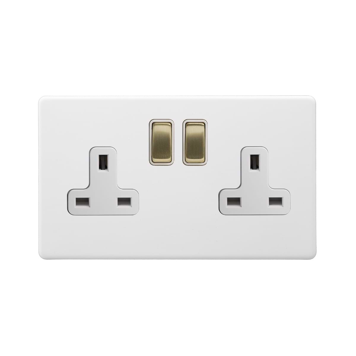 Soho Lighting Primed Paintable 2 Gang Socket 13A Double Pole with with Brushed Brass Switch with White Insert