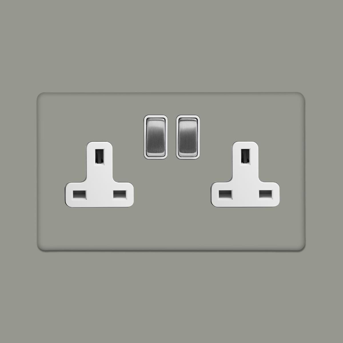Soho Lighting Primed Paintable 2 Gang Socket 13A Double Pole with with Brushed Chrome Switch and White Insert