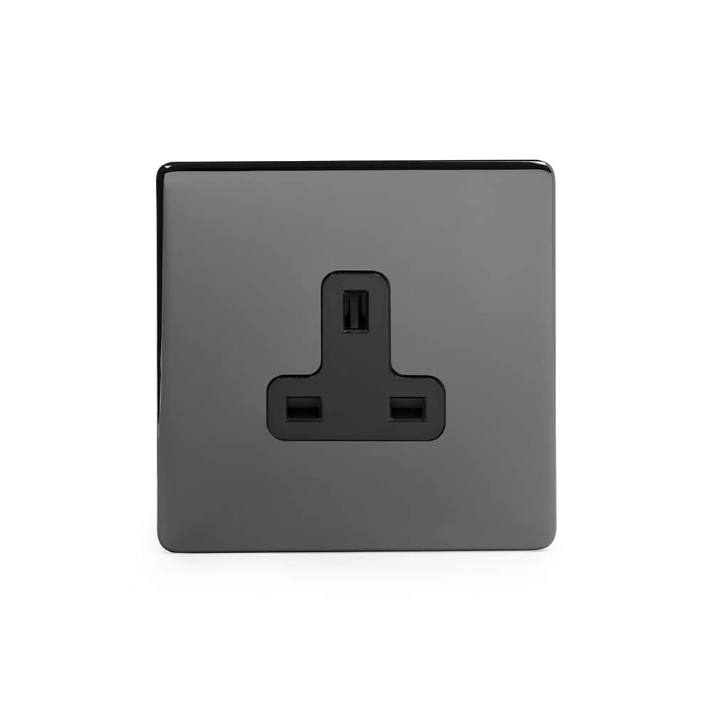 The Connaught Collection Black Nickel 1 Gang 13A Double Pole Unswitched Socket Blk Ins Screwless