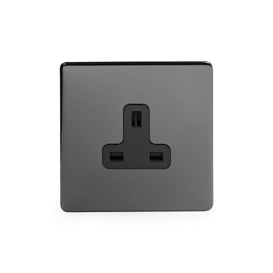 The Connaught Collection Black Nickel 1 Gang 13A Double Pole Unswitched Socket Blk Ins Screwless