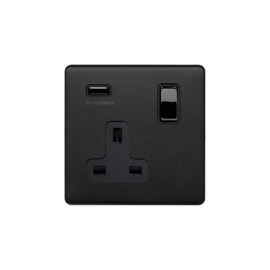 The Camden Collection Matt Black 1 Gang 13A SP Socket with USB-A 2.1A