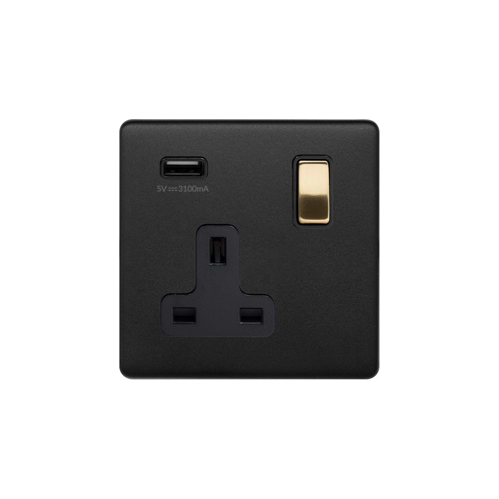 The Camden Collection Matt Black & Brushed Brass 1 Gang 13A SP Socket with USB-A 2.1A