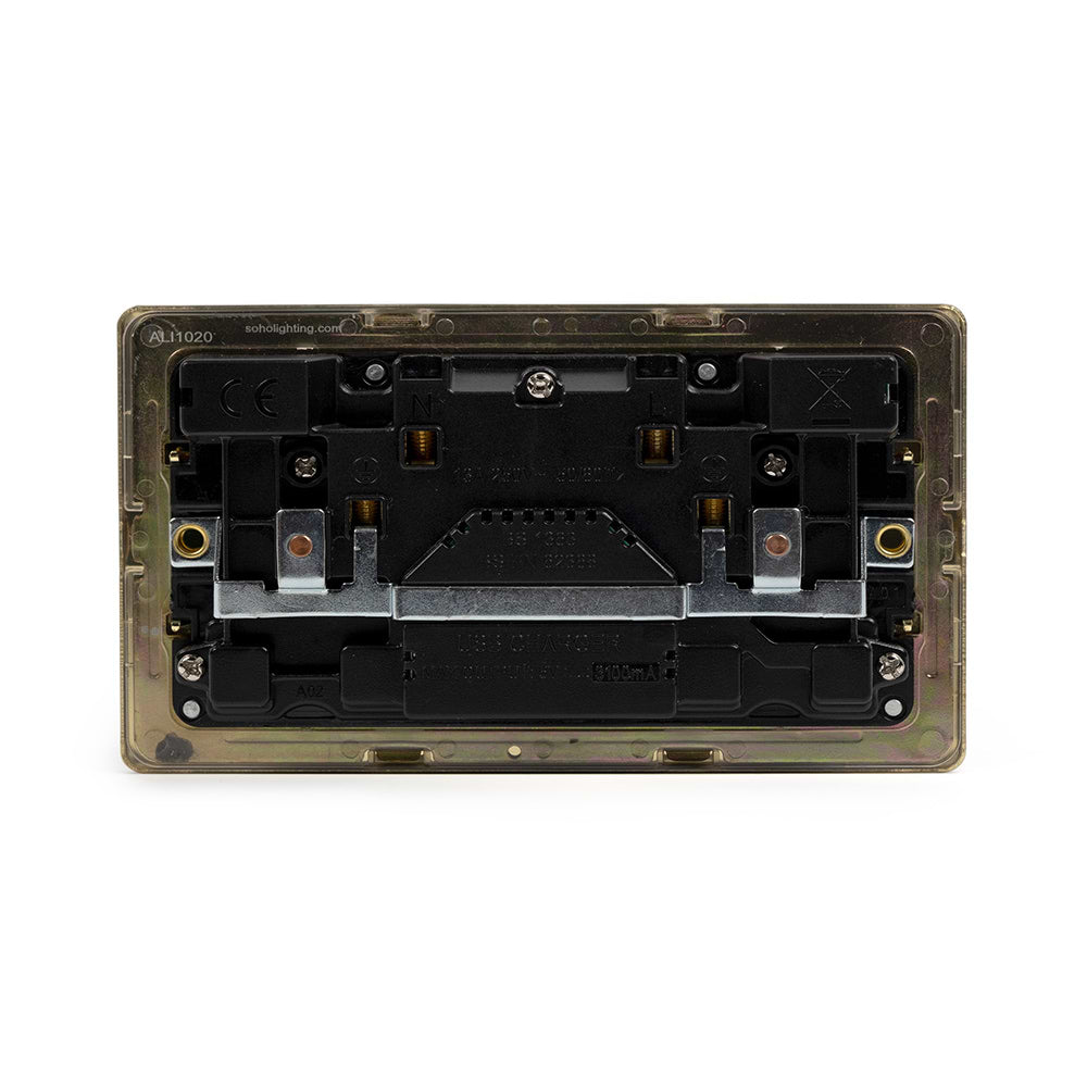 The Savoy Collection Brushed Brass 2 Gang USB A+C Socket (13A Socket + 2 USB Ports A+C 3.1A) Blk Ins Screwless