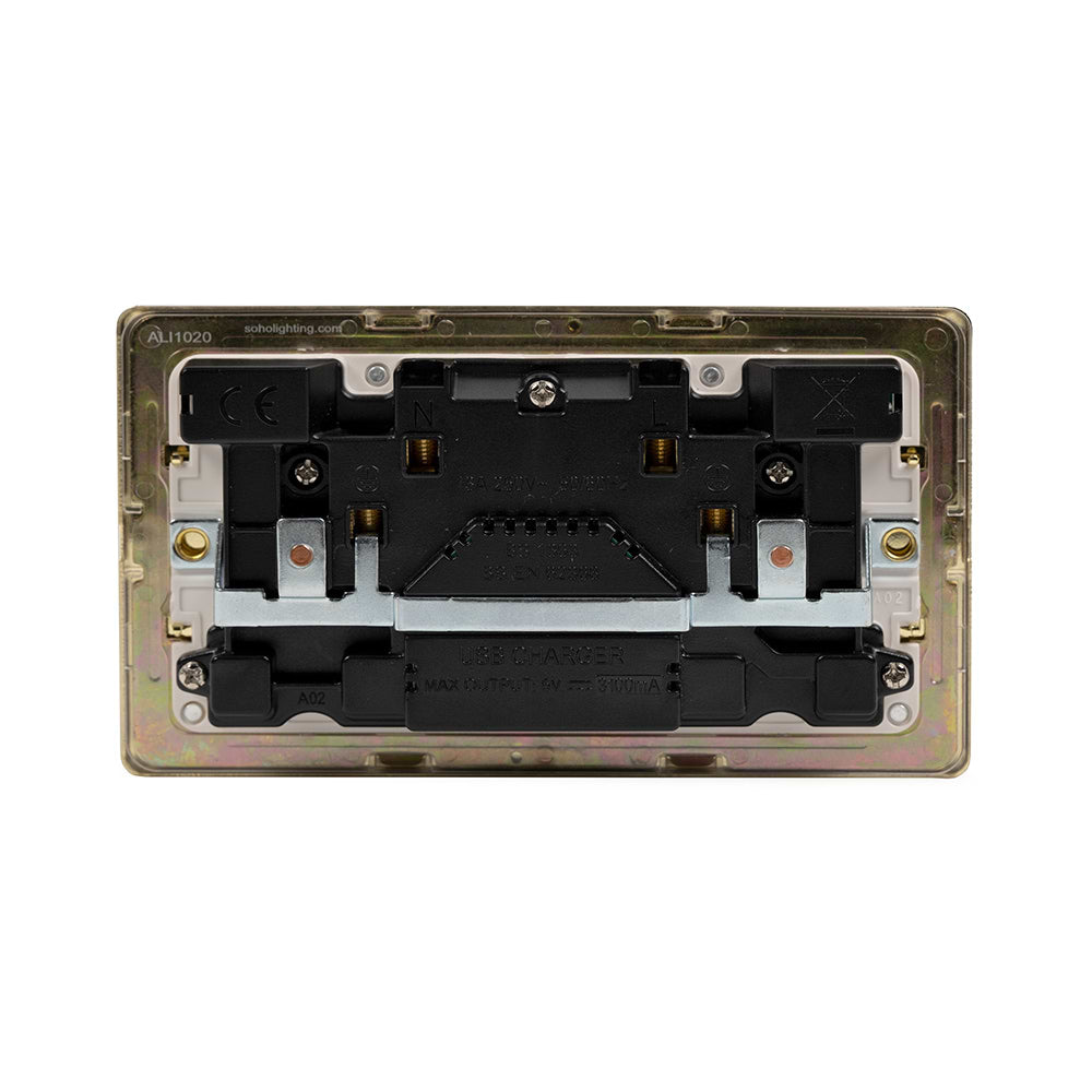 The Savoy Collection Brushed Brass 2 Gang USB A + C Socket (13A Socket + 2 USB Ports A+C 3.1A) Wht Ins Screwless