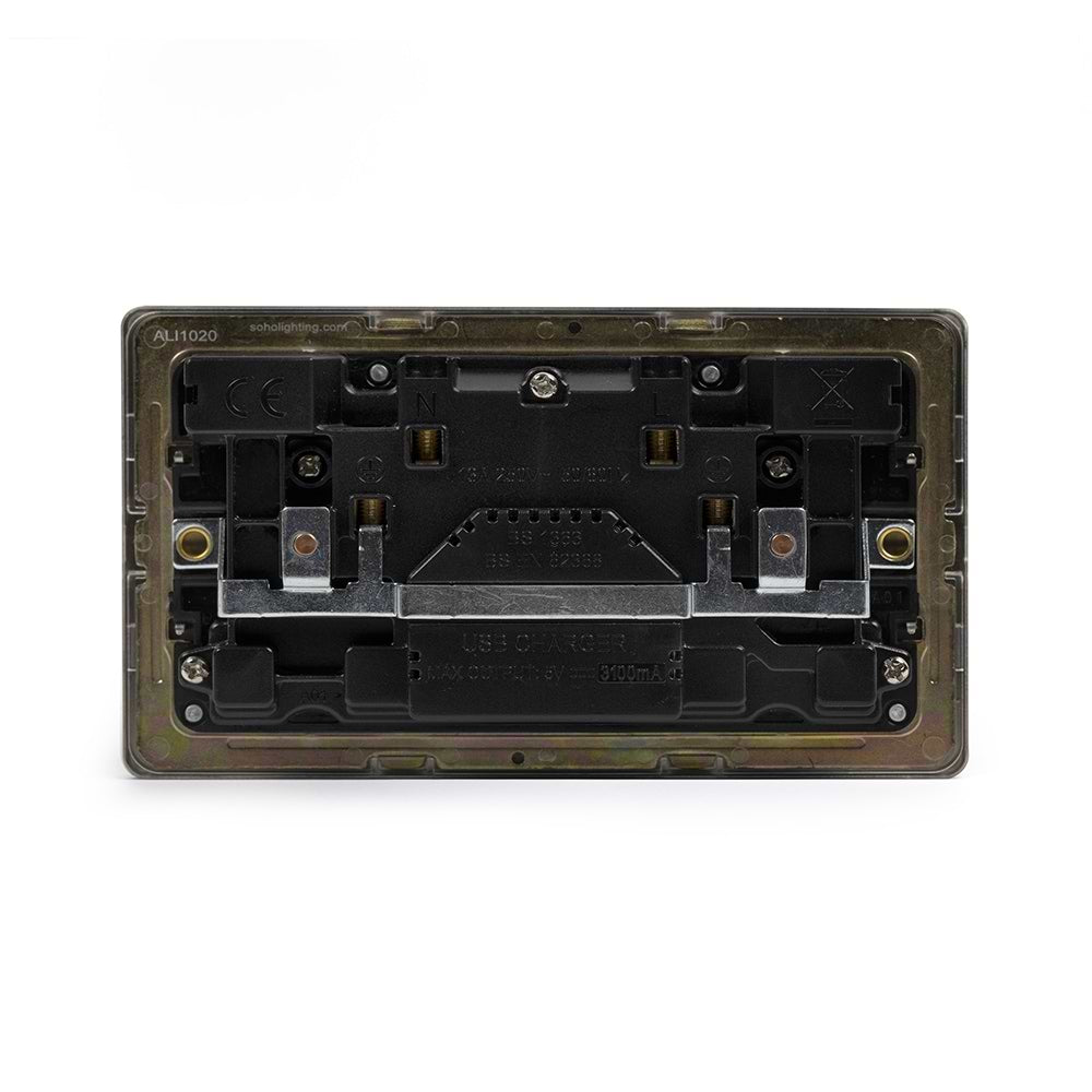 The Connaught Collection Black Nickel 2 Gang USB A + C Socket (13A Socket + 2 USB Ports A+C 3.1A) Blk Ins Screwless