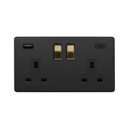 Soho Fusion Matt Black & Brushed Brass 2 Gang USB  A&C Socket (13A Socket + 2 USB Ports A&C 3.1A)