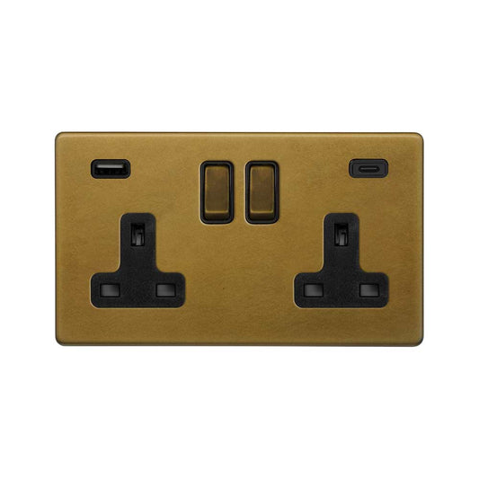 The Belgravia Collection Old Brass 2 Gang USB A+C Socket (13A Socket + 2 USB Ports A+C 3.1A)