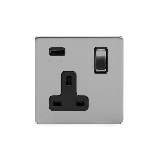 The Lombard Collection Brushed Chrome 1 Gang 13A DP Socket with USB-A 2.1A
