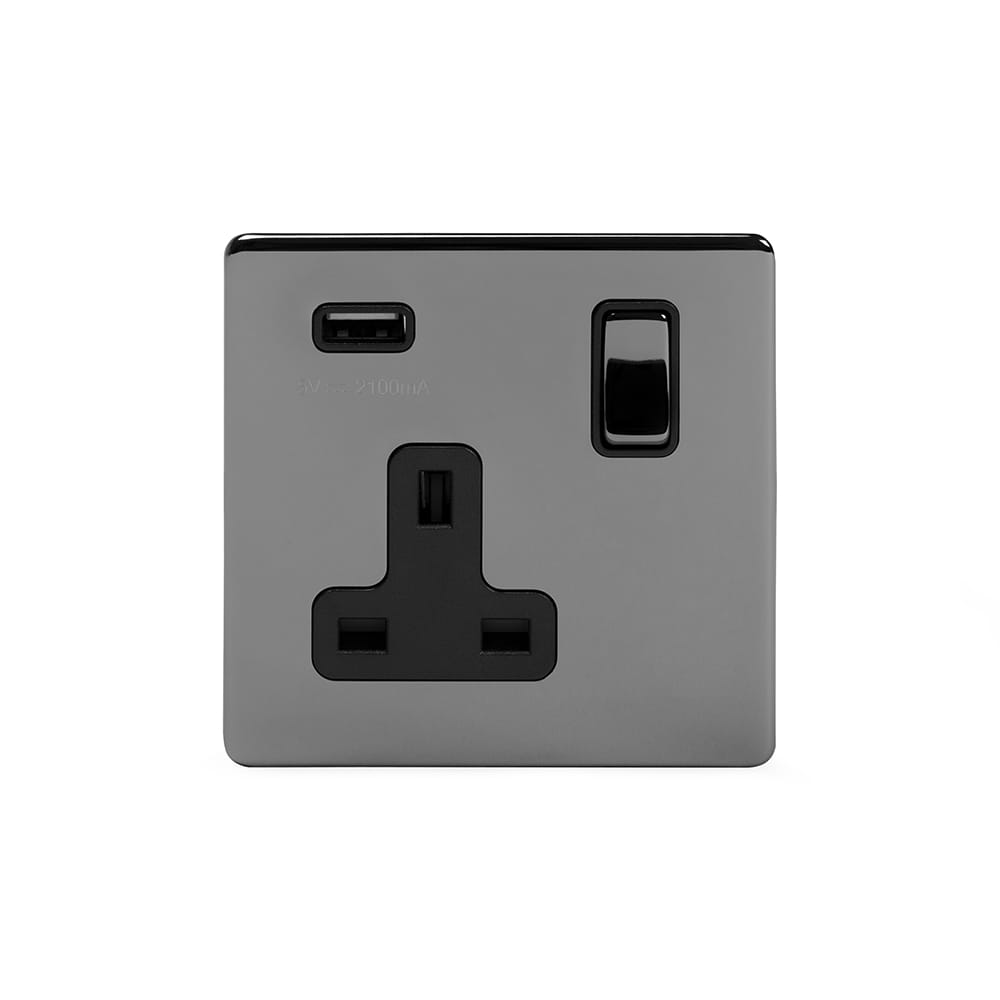 The Connaught Collection Black Nickel 1 Gang 13A DP Socket with USB-A 2.1A
