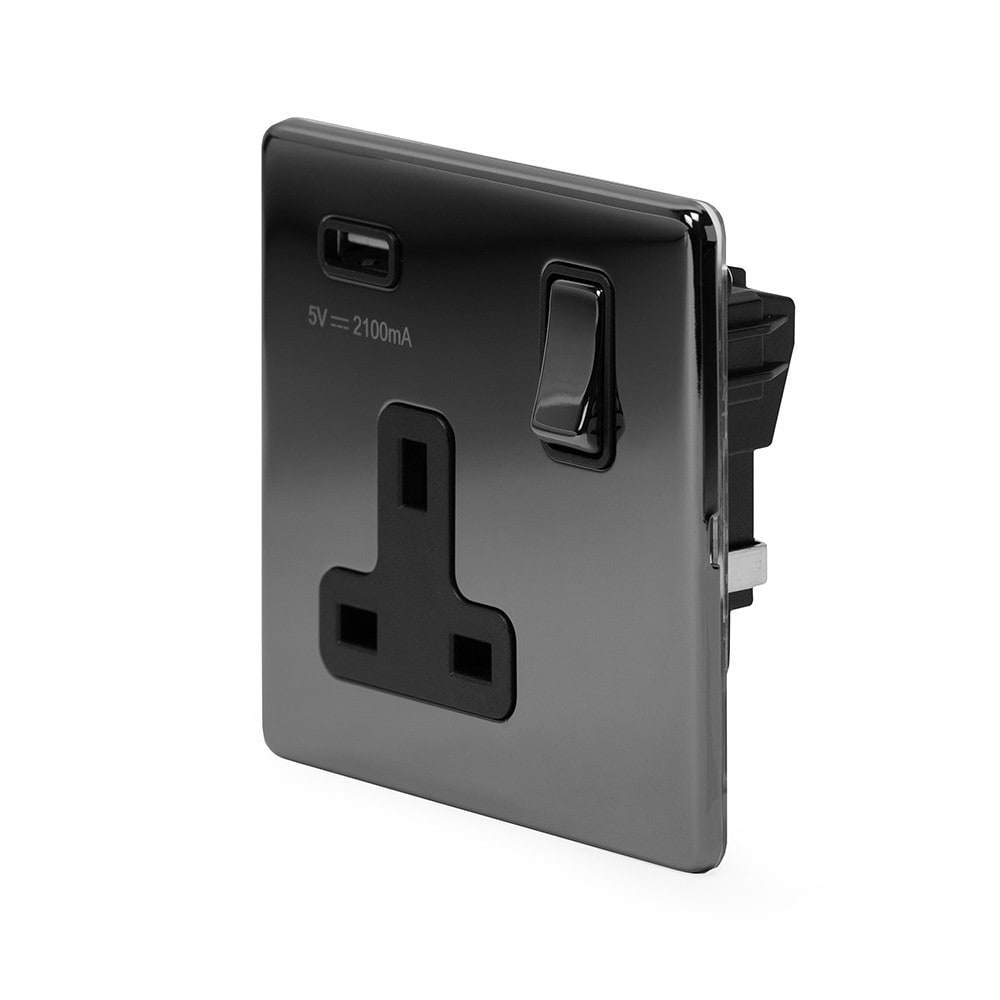 The Connaught Collection Black Nickel 1 Gang 13A DP Socket with USB-A 2.1A
