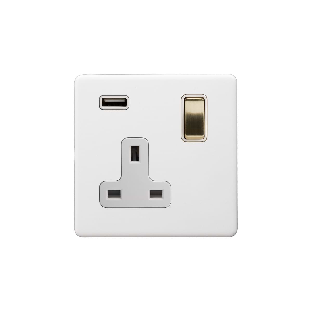 Soho Lighting Primed Paintable 13A 1 Gang Double Pole Switched USB Socket (USB Output 2.1amp) with Brushed Brass Switch with White Insert