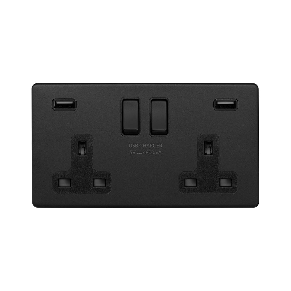 The Camden Collection Matt Black  2 Gang 13A DP Socket with 2 x USB-A 4.8A