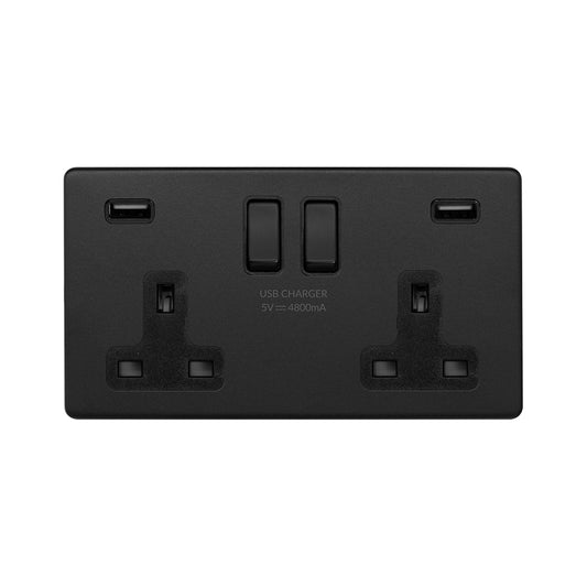 The Camden Collection Matt Black  2 Gang 13A DP Socket with 2 x USB-A 4.8A