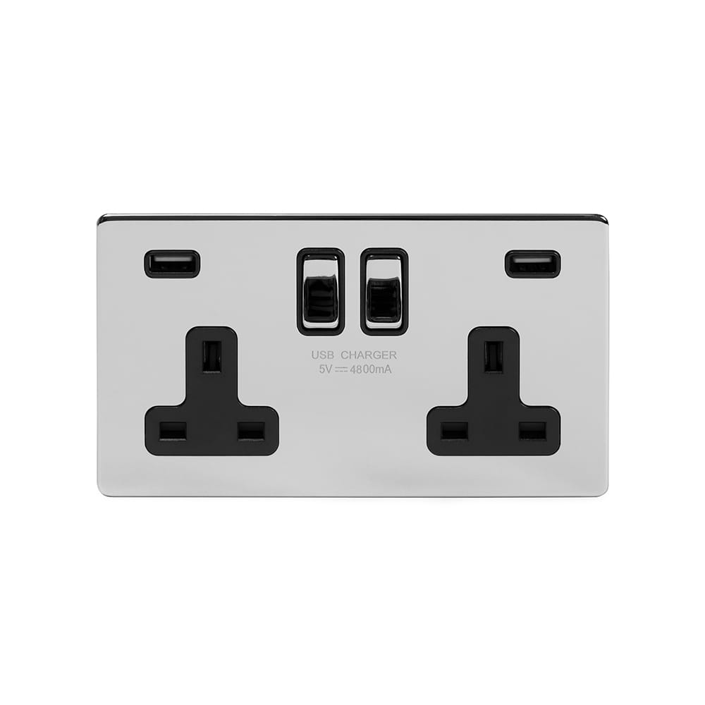 The Finsbury Collection Polished Chrome 2 Gang 13A DP Socket with 2 x USB-A 4.8A
