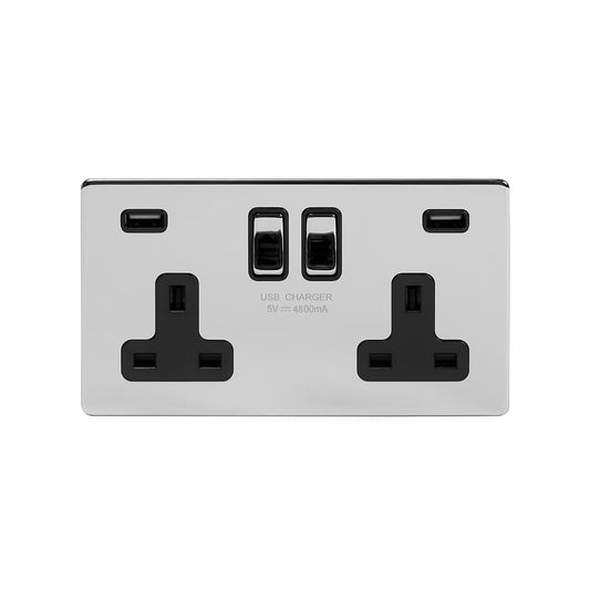 The Finsbury Collection Polished Chrome 2 Gang 13A DP Socket with 2 x USB-A 4.8A