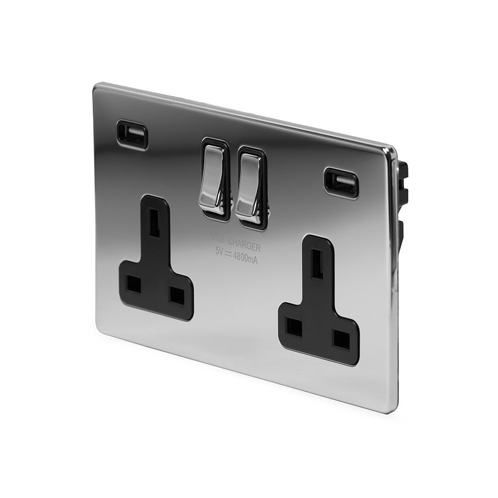 The Finsbury Collection Polished Chrome 2 Gang 13A DP Socket with 2 x USB-A 4.8A