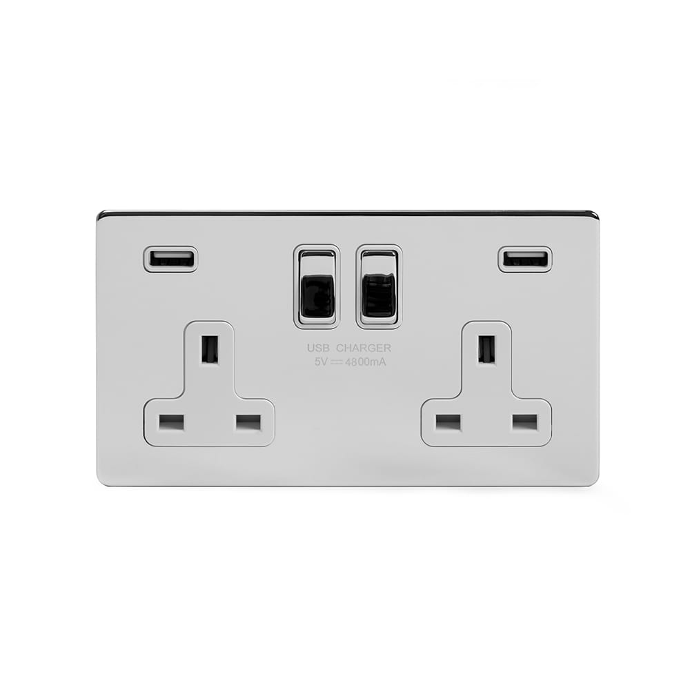 The Finsbury Collection Polished Chrome 2 Gang 13A DP Socket with 2 x USB-A 4.8A