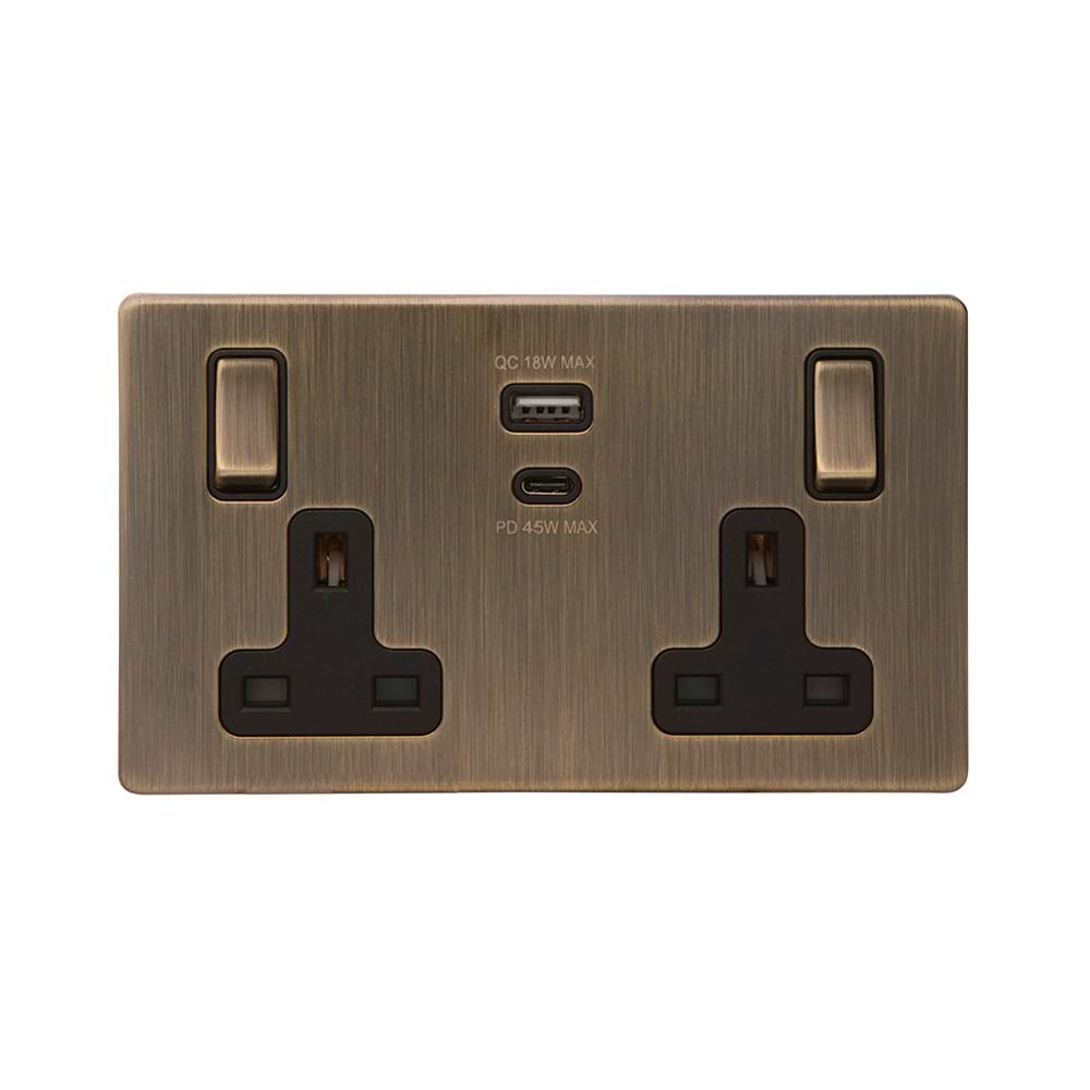 The Charterhouse Collection 13A 2 Gang Super Fast Charge 45W USB A+C Socket Antique Brass