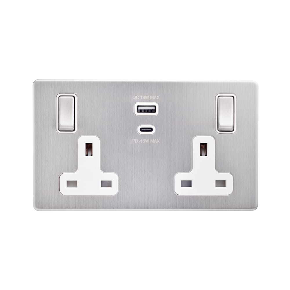 The Lombard Collection Brushed Chrome with White Insert 13A 2 Gang Super Fast Charge 45W USB A+C Socket