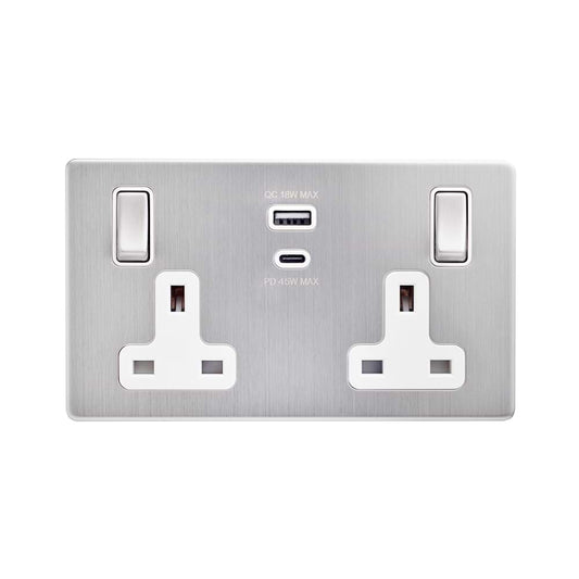 The Lombard Collection Brushed Chrome with White Insert 13A 2 Gang Super Fast Charge 45W USB A+C Socket