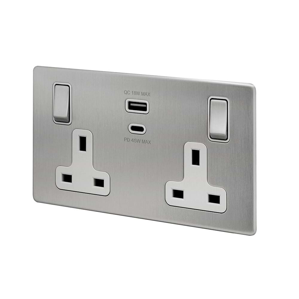 The Lombard Collection Brushed Chrome with White Insert 13A 2 Gang Super Fast Charge 45W USB A+C Socket