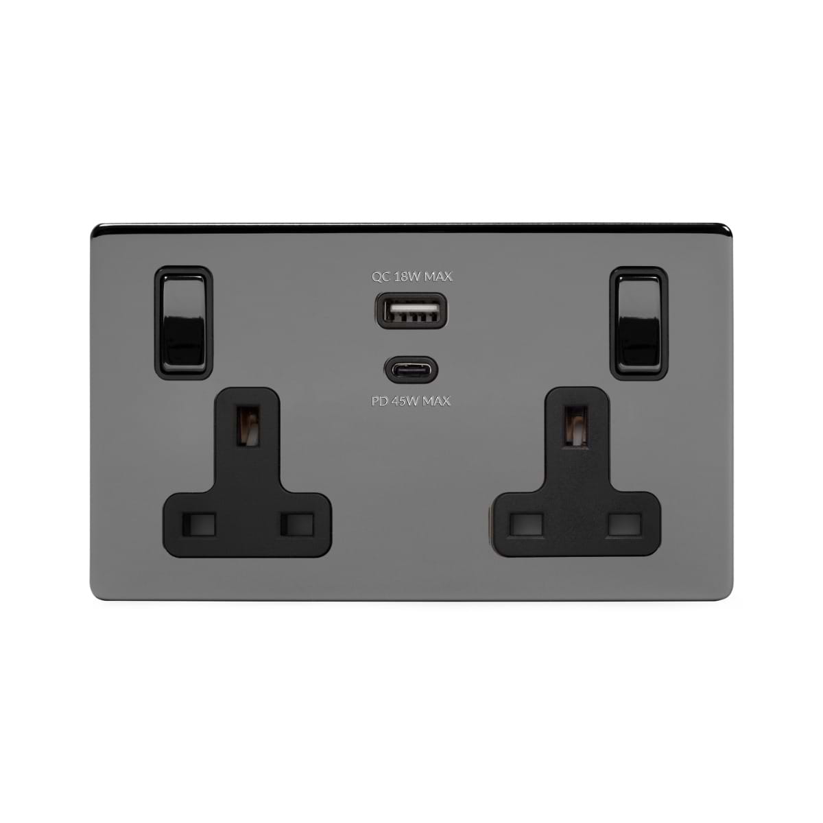 The Connaught Collection Black Nickel 13A 2 Gang Super Fast Charge 45W USB A+C Socket