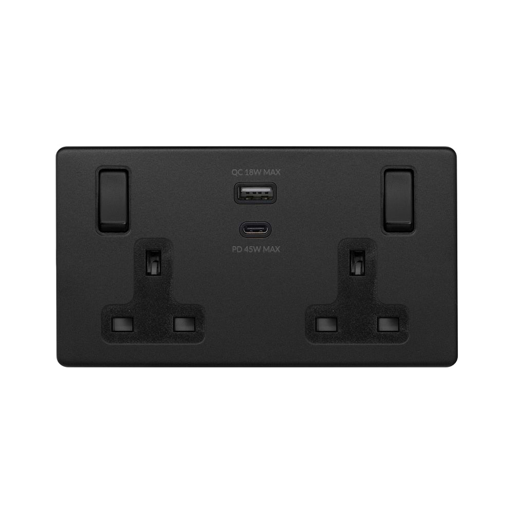 Soho Lighting Matt Black 13A 2 Gang Super Fast Charge 45W USB A+C Socket