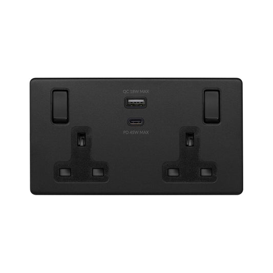 Soho Lighting Matt Black 13A 2 Gang Super Fast Charge 45W USB A+C Socket