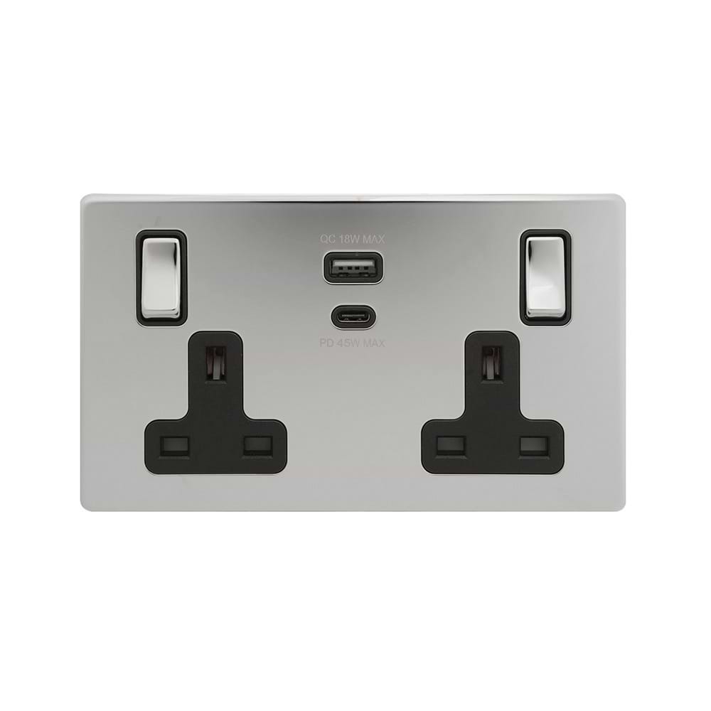 The Finsbury Collection Polished Chrome with Black Insert 13A 2 Gang Super Fast Charge 45W USB A+C Socket