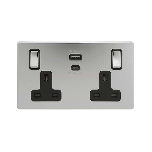 The Finsbury Collection Polished Chrome with Black Insert 13A 2 Gang Super Fast Charge 45W USB A+C Socket