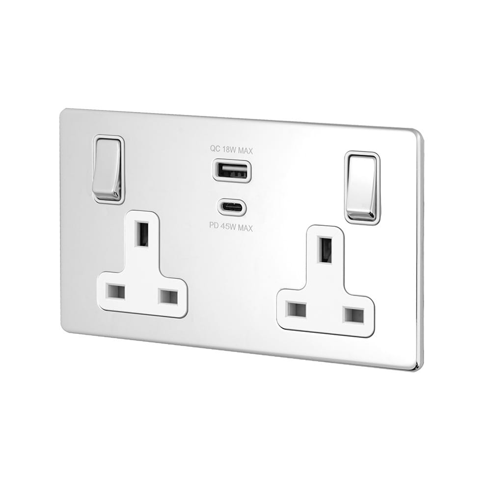 The Finsbury Collection Polished Chrome with White Insert 13A 2 Gang Super Fast Charge 45W USB A+C Socket