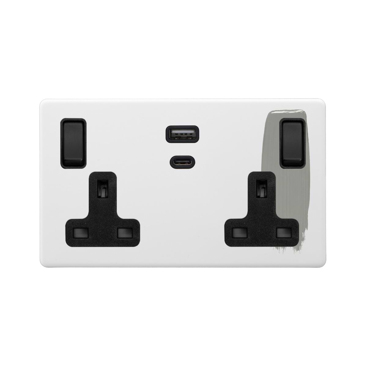 Soho Lighting Primed Paintable 13A 2 Gang Super Fast Charge 45W USB A+C Socket with Matt Black Switch