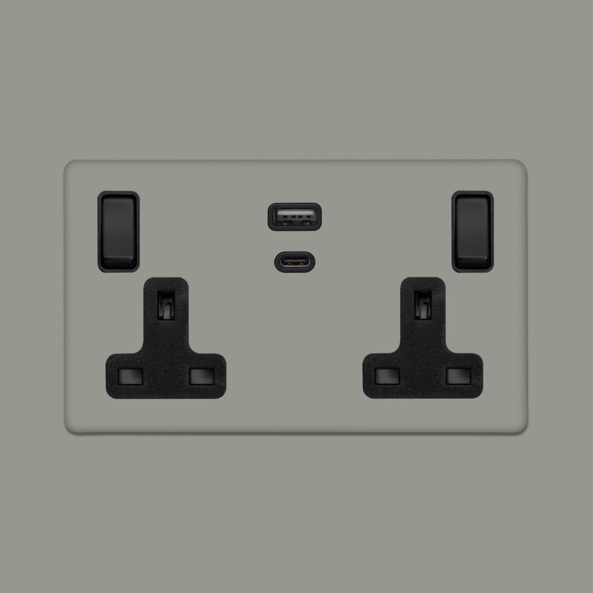 Soho Lighting Primed Paintable 13A 2 Gang Super Fast Charge 45W USB A+C Socket with Matt Black Switch