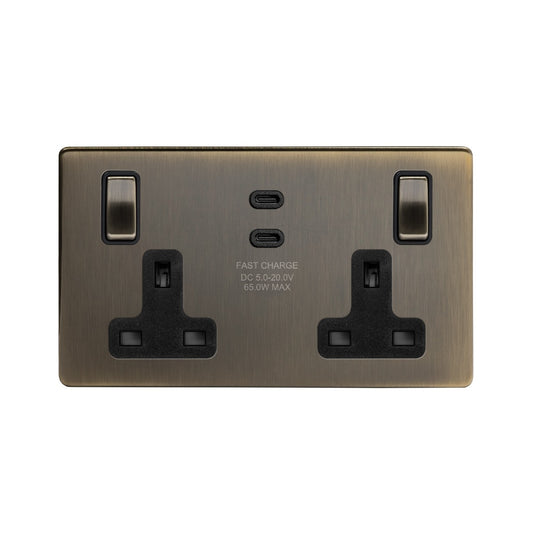 Soho Lighting Antique Brass 2 Gang 65W USB C+C Socket (13A Socket + 2 USB C Ports)