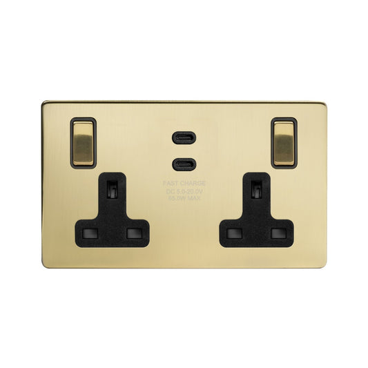 Soho Lighting Brushed Brass 2 Gang 65W USB C+C Socket (13A Socket + 2 USB C Ports)