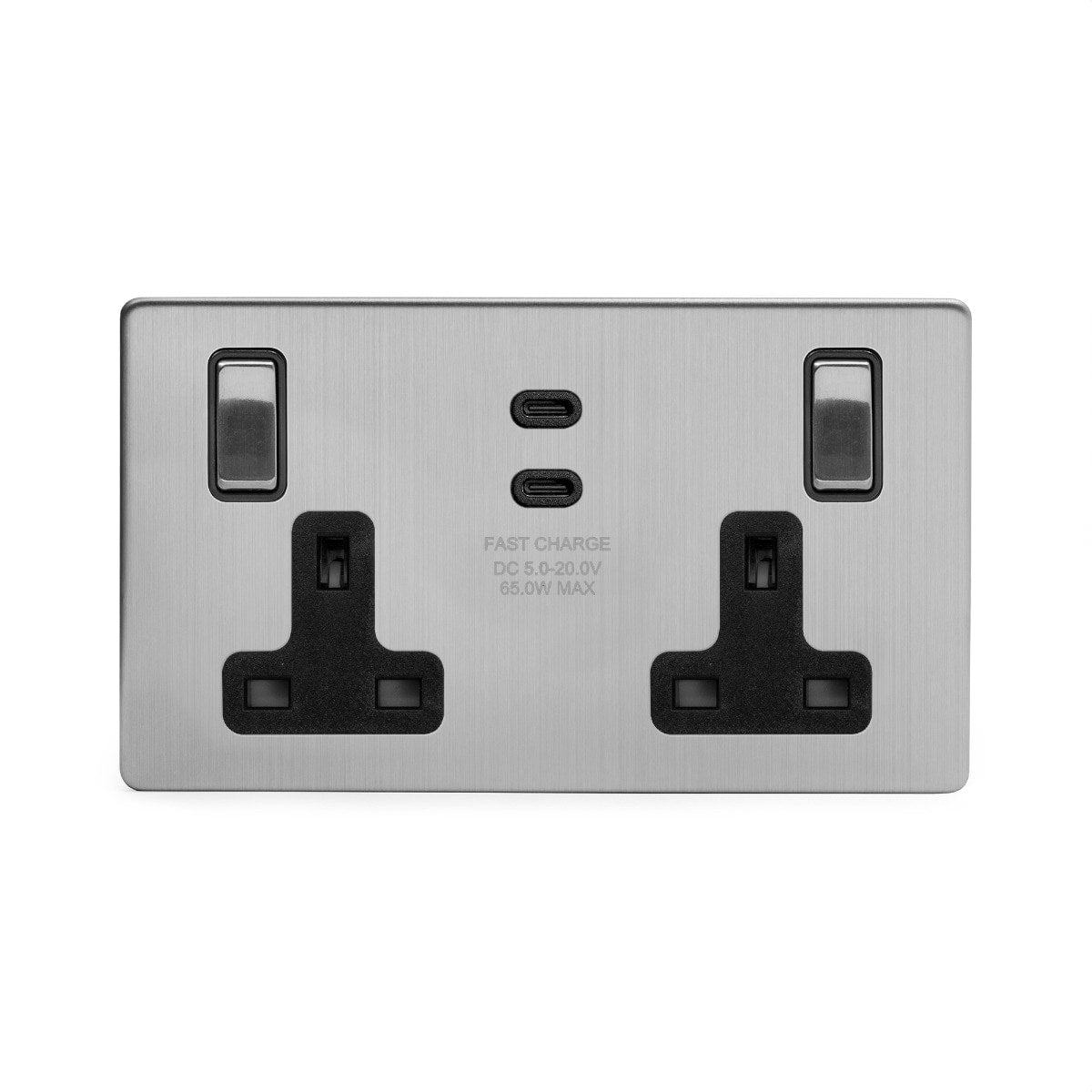 Soho Lighting Brushed Chrome 2 Gang 65W USB C+C Socket (13A Socket + 2 USB C Ports)  Black Inserts