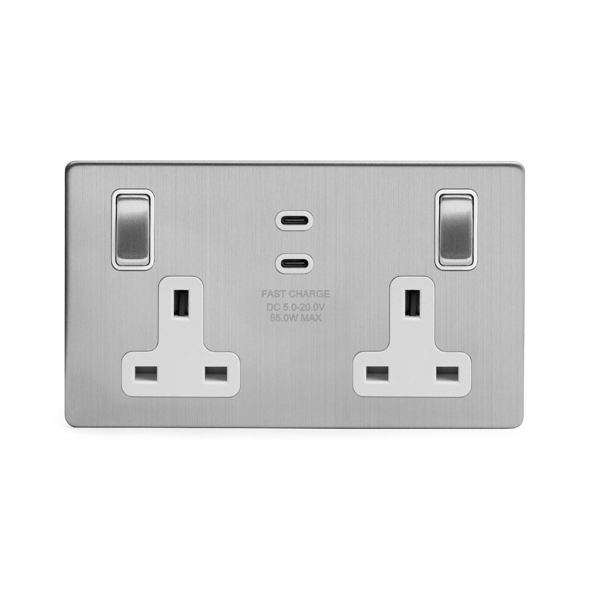 Soho Lighting Brushed Chrome 2 Gang 65W USB C+C Socket (13A Socket + 2 USB C Ports)  White Inserts