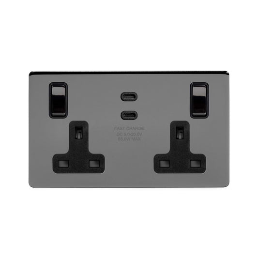 Soho Lighting Black Nickel 2 Gang 65W USB C+C Socket (13A Socket + 2 USB C Ports)