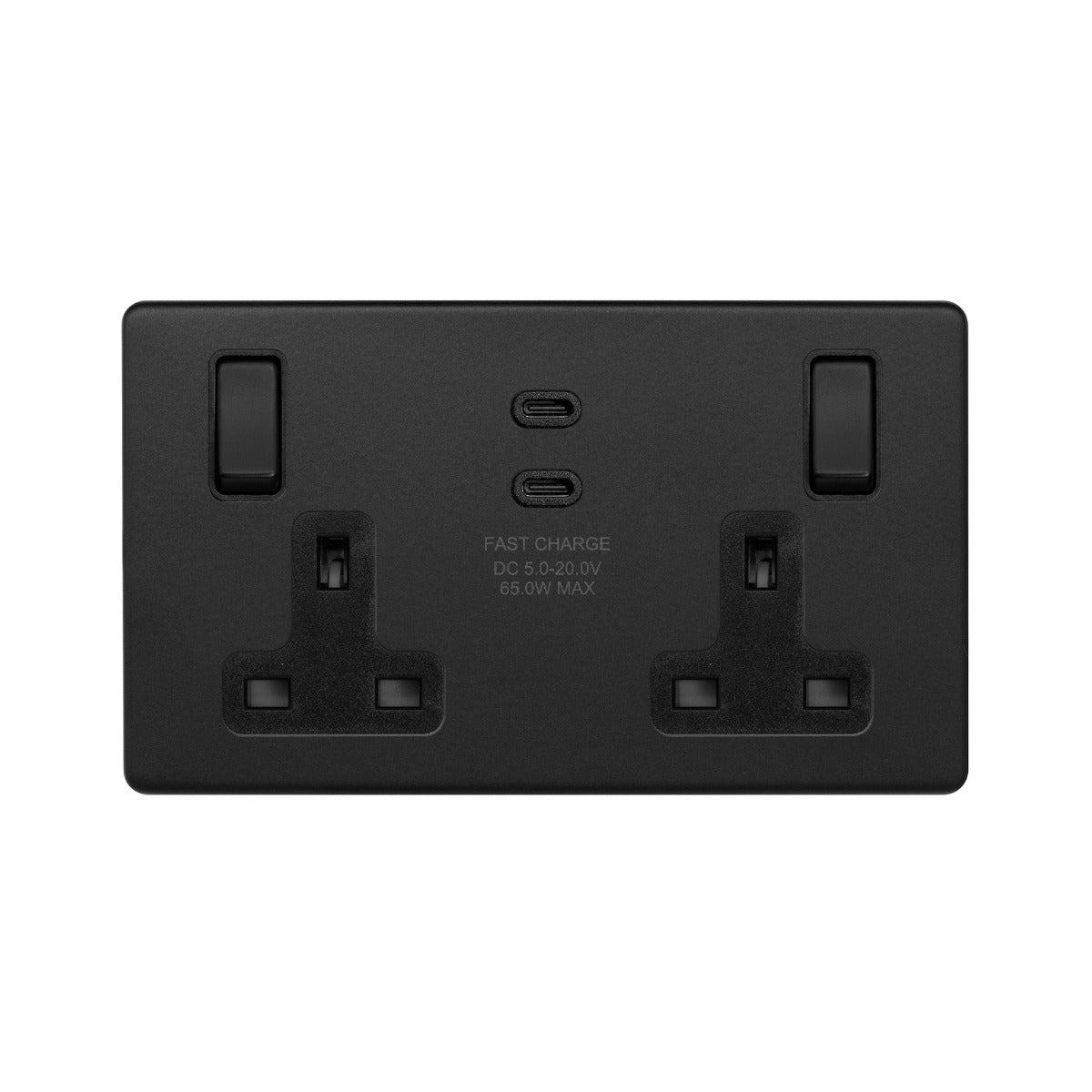 Soho Lighting Matt Black 2 Gang 65W USB C+C Socket (13A Socket + 2 USB C 4.8A Ports)